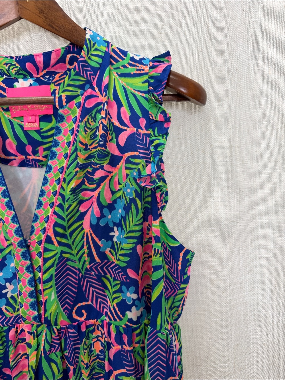 Lilly Pulitzer Sleeveless Blue & Pink Tropical Print Tiered Dress Size Large - Picture 5 of 14